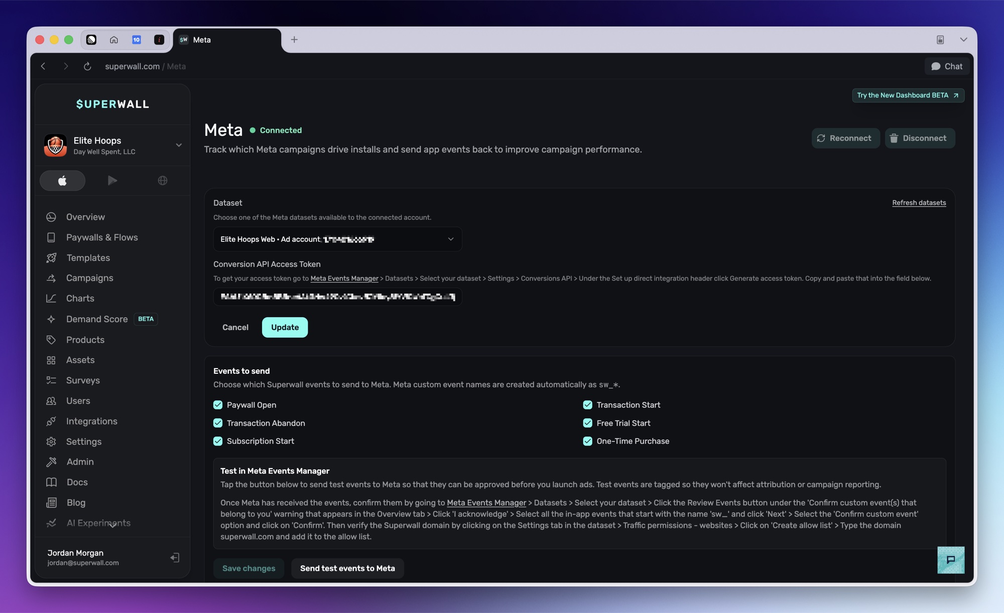 The Meta setup page with the Dataset dropdown and Conversion API Access Token field